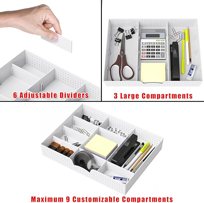 Simple Houseware Drawer Organizer Tray, 9 Adjustable Compartments, White | For Office, Makeup, and Craft Drawer or Desktop Storage