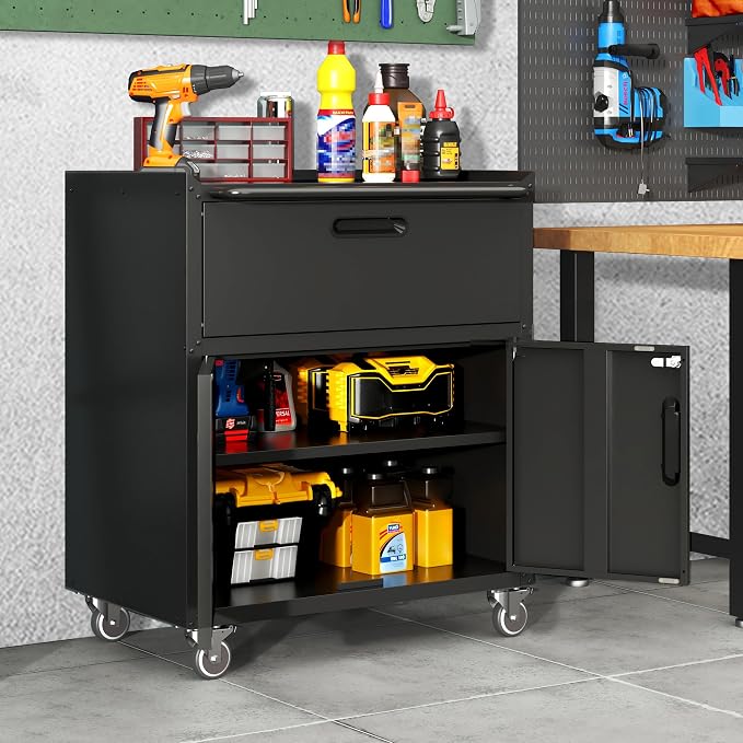 Garage Cabinets,Metal Garage Storage Cabinet with Wheels,Black Lockable Rolling Tool Cabinet with Drawer and Adjustable Shelves,Heavy Duty Tool Chest for Home Office Utility Room