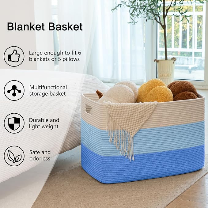 OIAHOMY 108L Extra Large Blanket Basket Dog Toy Basket Gradient Light Blue | Rectangle Woven Baskets for Storage Cotton Rope Basket For Living Room Toy Storage Blanket Storage Laundry Basket