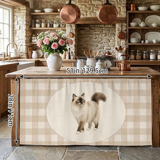 Ragdoll Cat Cabinet Curtains 28"x51" Sink Skirt for Bathroom Kitchen, Vintage Linen Plaid Farmhouse Pet Cats Self Stick Adhesive Under Desk Covers Tall Laundry Cabinet Storage Organizer