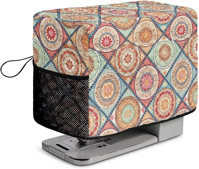 Sewing Machine Cover Polyester Febric Diamond Vintage Mandala | Dust Pet Hair Protection,Quilting Design,Fits Standard Singer,Brother Janome Machines,Protecting Decorating Your Sewing Space