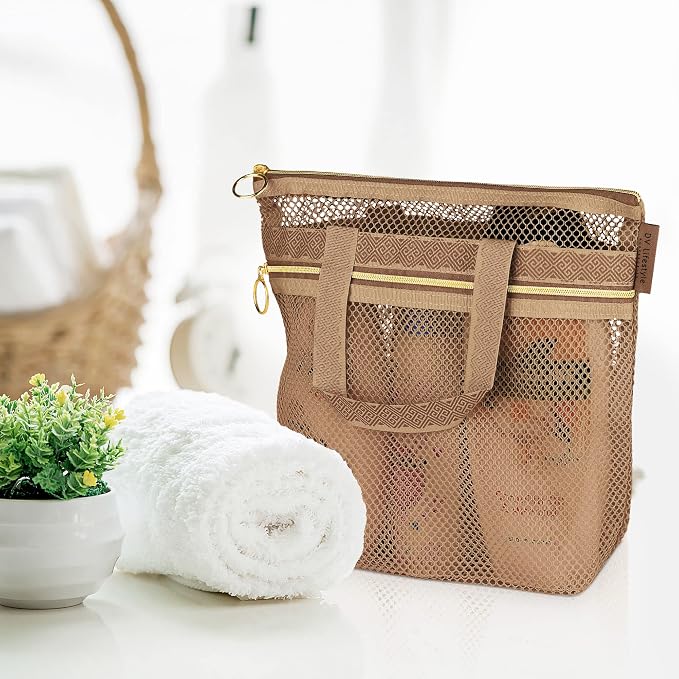 Mesh Shower Bag 10.2x9.9'' Quick-Dry Caddy with Zipper & 2 Pockets. Portable Toiletry Tote for Bathroom, Gym, Travel, Camp, Beach, for Sunscreen, Dorm & College Essentials (Brown)