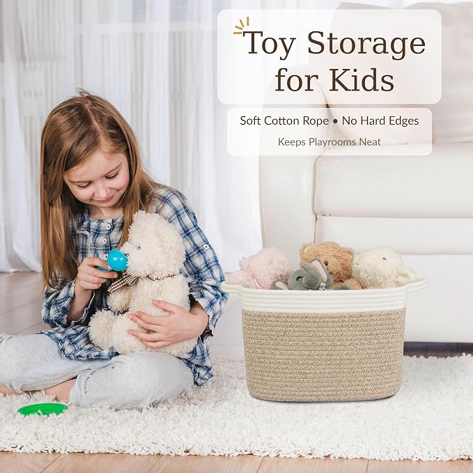 XUANGUO Woven Cotton Rope Storage Basket with Handles 13x10x9 inch | Woven cotton rope basket for shelves and closets. Perfect for toys, books, clothes, nursery storage and gift baskets.