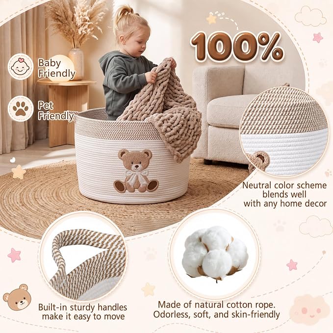 LemonRoad Extra Large Basket 20"x14", Woven Basket for Laundry Blanket Toy Box with Handle Storage, Blanket Storage for Living Room Nursery Pillows Chest(Cotton Rope,Bow Bear,Brown White)
