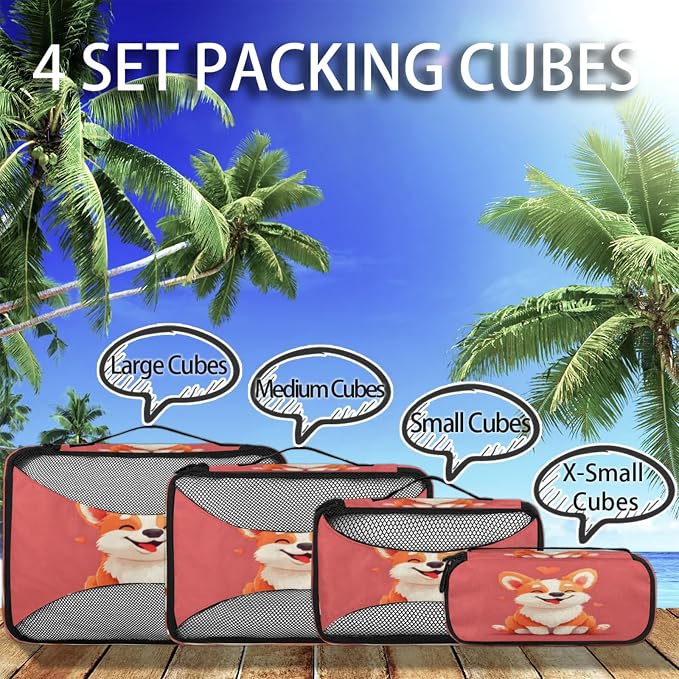 4 Set Packing Cubes for Travel, Animal Corgi Packing Cubes for Women, Travel Luggage Packing Organizers, Packing Cube Set, Cute Corgi Heart