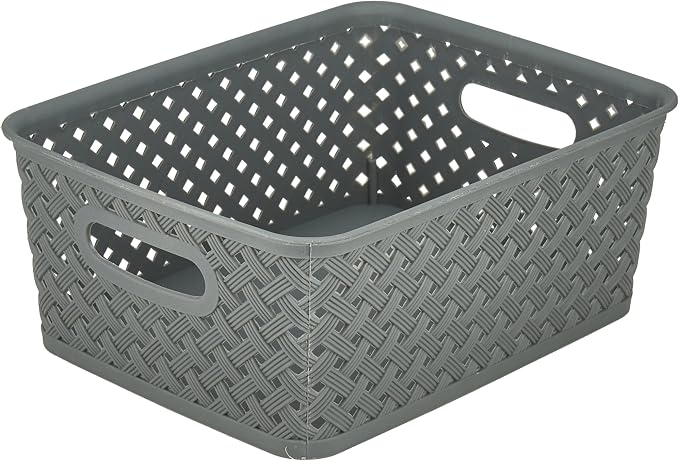 Simplify Small Resin Wicker Tote | Storage Bin | Plastic Organizer | Carrying Handles | Bathroom | Pantry | Accessories | Cleaning Products | Grey