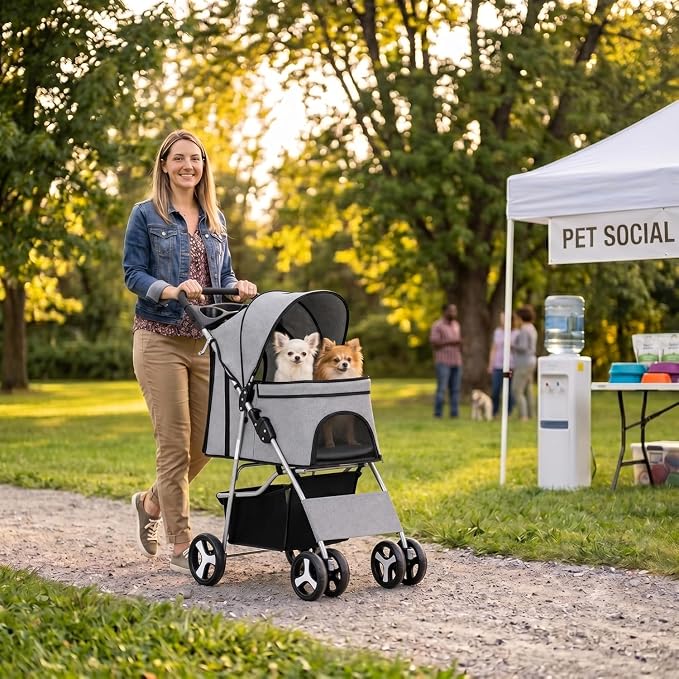 ZENY Foldable Pet Stroller, Cat/Dog Stroller with 4 Wheels | Pet Travel Carrier Strolling Cart with Storage Basket, Cup Holder (Grey)