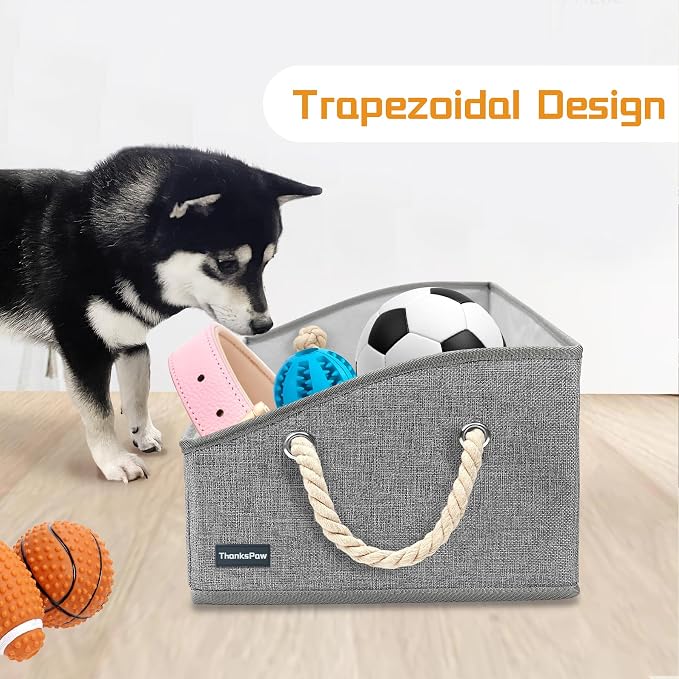 Dog Toy Basket, Storage Bin, Collapsible Box for Pet Accessories | Fabric Container With Handle, Trapezoid Holder for Small Medium dogs, Organizer for Living Room, Light Gray