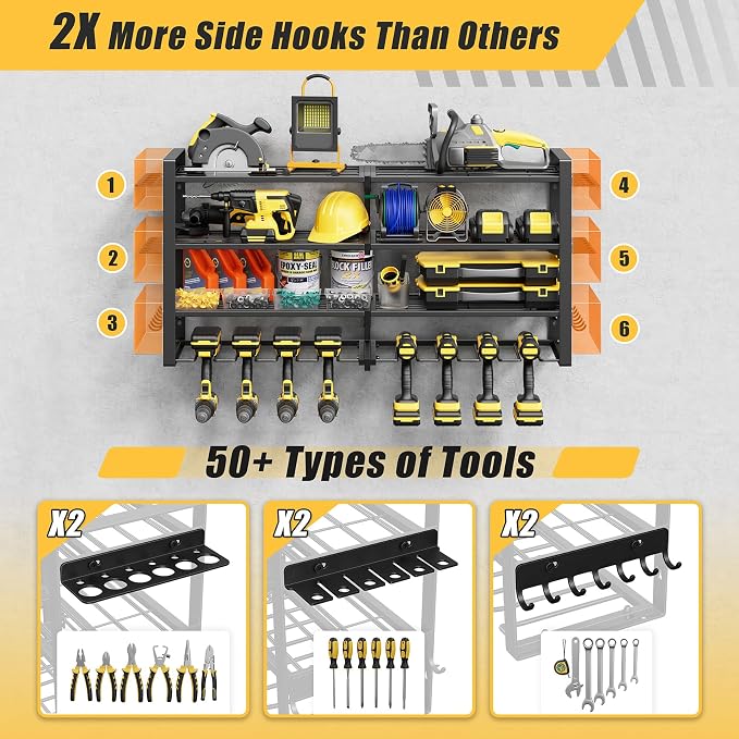 4-Tier Power Tool Organizer Wall Mount, 450LBS Capacity, 8 Drill Holders | 3-Tube Reinforced Design, Holds 50+ Tools, Cordless Tool Organizer, Rust Resistant, Quick Assembly, Garage Gift for Men