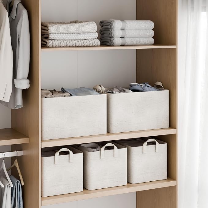 StorageWorks Linen Closet Storage Bins, 45L Storage Baskets, Beige, 2-Pack | Extra Large, With Reinforced PU Handles, Metal Frame, Collapsible Basket for Shelves, Closet, Holds Clothes, Towels, Blankets