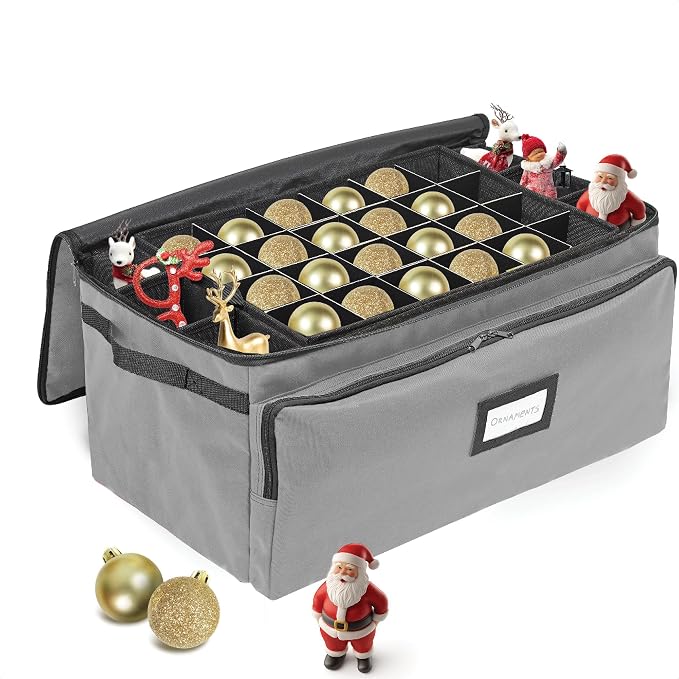 Premium Christmas Ornament Storage Box – Holds up to 72-3” Ornaments + 6 Side Slots for Figurines & Nutcrackers – Holiday Decoration Organizer – Durable 600D Grey Canvas