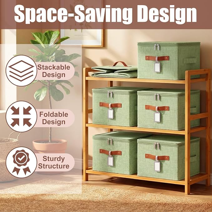 6 Pack Fabric Bins with Lids, 10 x 8 x 7 Inch Fabric Storage Bins with Zipper Lids and Labels, Decorative Foldable Storage Cubes with Handles for Closet Nursery Shelf Organization, Green