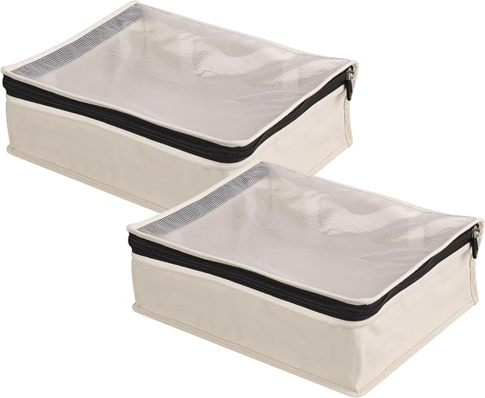 Household Essentials Canvas Sweater Storage Bags, 2-Pack, Breathable Cotton, Under-Bed Zippered Storage with Clear Top Window, Stackable, Cedar Insert Compatible (Not Included), Natural