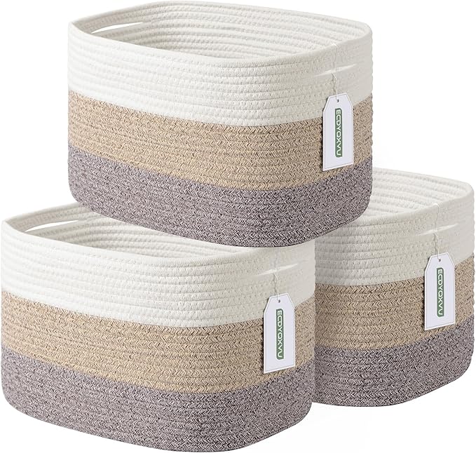 ECDYQXVU 15x10x9 Inch Woven Cotton Rope Storage Basket, 3 Pack | Foldable Design, Built-in Handles, Space-saving Organizer for Living Room, Bedroom, Laundry, Shelves, Clothes, Towels