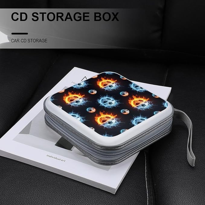 Heavy-Duty DVD Holder Binder Water Fire Flame Football Soccer Ball Sport, 40-Disc Capacity Hard Plastic Case, Portable Storage Wallet for Music Movies