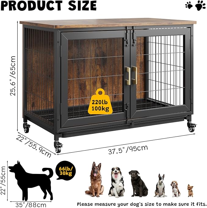 GarveeLife 37.5 in Dog Kennel Furniture, Heavy Duty Dog Crate Furniture with Wheels, Grid Base, Removable Tray, Latches, Indoor Farmhouse Dog Cage for Medium and Small Dogs, Brown