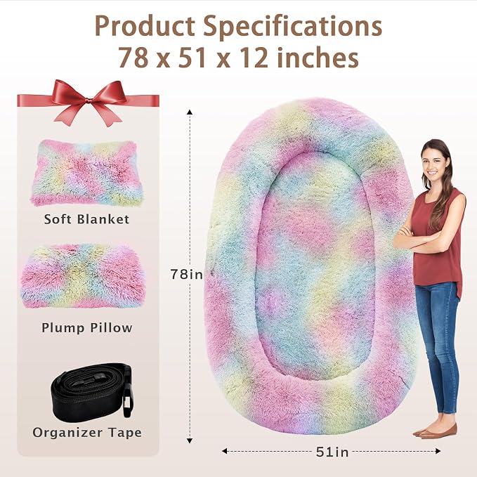 ROOMTEC Human Dog Bed, 78''x51''x12'' Size Fits Adult and Pet Washable Giant People Bed 10 CM Thick Memory Foam Large Oversize Pet Bed with Plump Pillow, Blanket, Strap - Rainbow