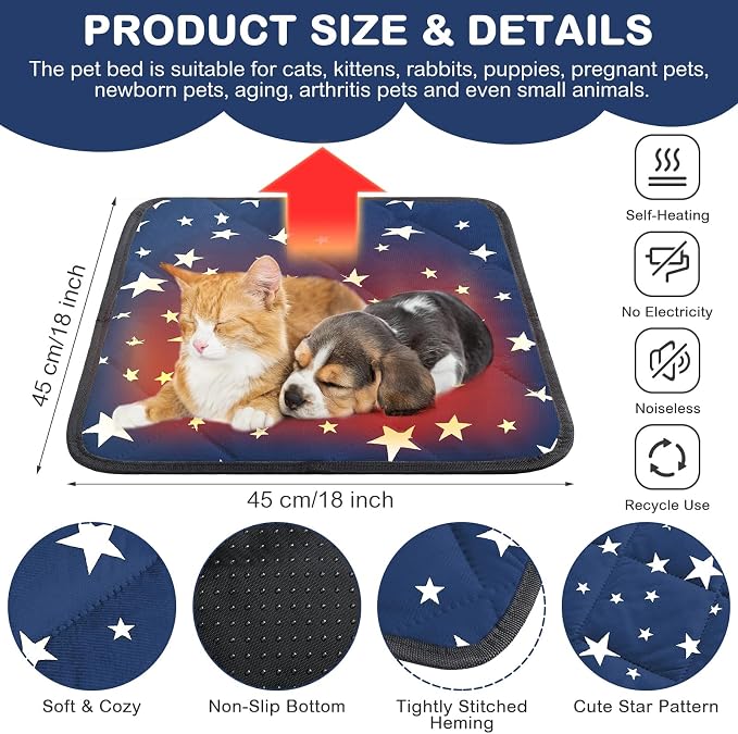 4 Pack Self Warming Cat Bed Self Heating Cat Mat Star Pattern Soft Dog Crate Pad Thermal Pet Mat Anti Slip Kennel Dog Washable Warming Bed for Outdoor Indoor(18 x 18 Inch,Blue)