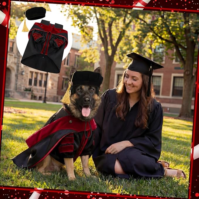 Huhumy 3 Pcs Dog Cat Graduation Doctoral Costume Set, 2026 Pet Phd Graduation Cap and Deluxe Doctoral Gown with Hood Side Tam Puppy Kitty Dogs Grad Holiday Party Costume Accessory(Red,XL)