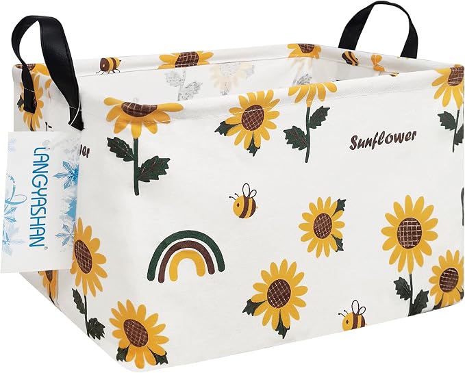 Rectangular Collapsible Sunflower Storage Basket Nursery Organizer | Storage Bin Foldable Canvas with Handles for Organizing Home Kitchen Children Toys Office Closet Shelf Baskets