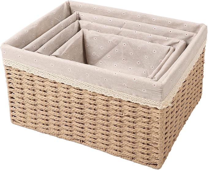 Tissting 4-Piece Woven Straw Baskets Set, Multiple Sizes - Versatile Storage Organizers for Bedroom, Bathroom, Office, Laundry, with Handles for Easy Carrying