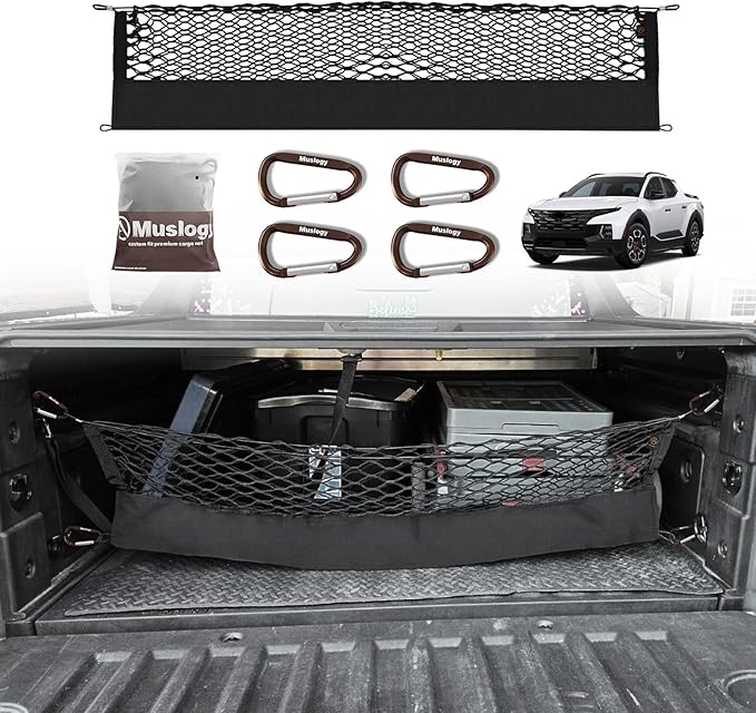 Muslogy Cargo Net for Hyundai Santa Cruz 2022-2026 Accessories | Custom Fit, Truck Bed Storage Organizer Net for Pickup Truck Bed Divider, Heavy Duty Carabiners, Night Visible Grab Handle