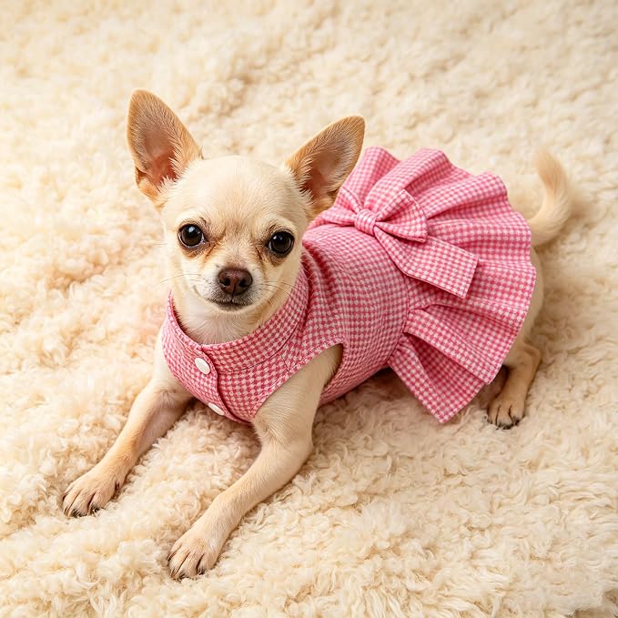 Classic Plaid Dog Dress with Bow Tie for Small Dogs Cats Girls, Cute Puppy Dresses Clothes with Bowknot Chihuahua French Bulldog Pet Apparel Outfits (Strawberry Pink, X-Small)
