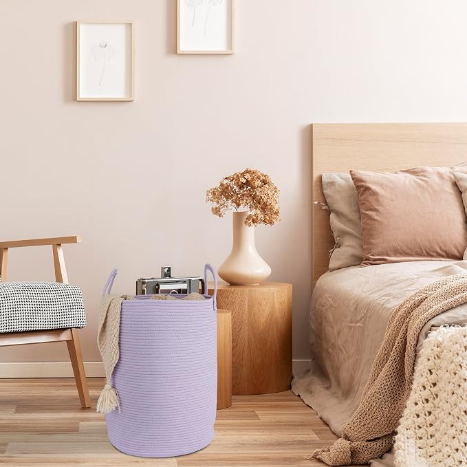 XUANGUO Rope Laundry Basket Hamper for Clothes Large Purple Lavender | Baby Nursery Hamper Bin and Woven Storage Basket for Living Room Bedroom Boho Tall Rope Baskets Blankets Toys Pillows Towels