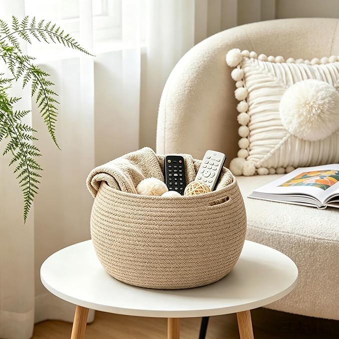 Goodpick Wicker Storage Basket for Living Room, Small Round Woven Basket for Toys, Towel, Bedroom, Children Corner Decoration Plant Baskets Indoor, Jute, 12.5"D x 8.3"H (Pack of 2)