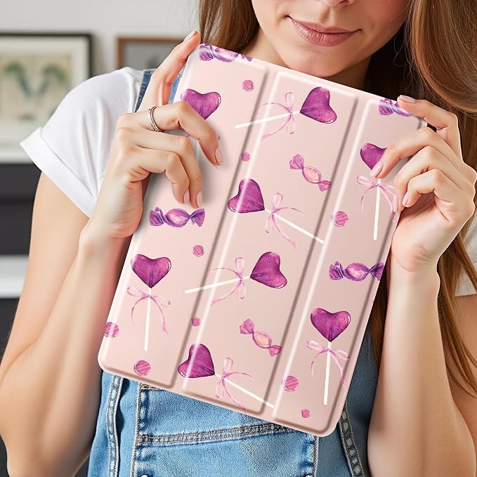 Cute Pink Lolipop Case for 10.2" iPad 9th/7th/8th Generation, Clear TPU Smart Stand Back Cover with Pencil Holder, Auto Wake/Sleep Protective Case for iPad 2021/2020/2019