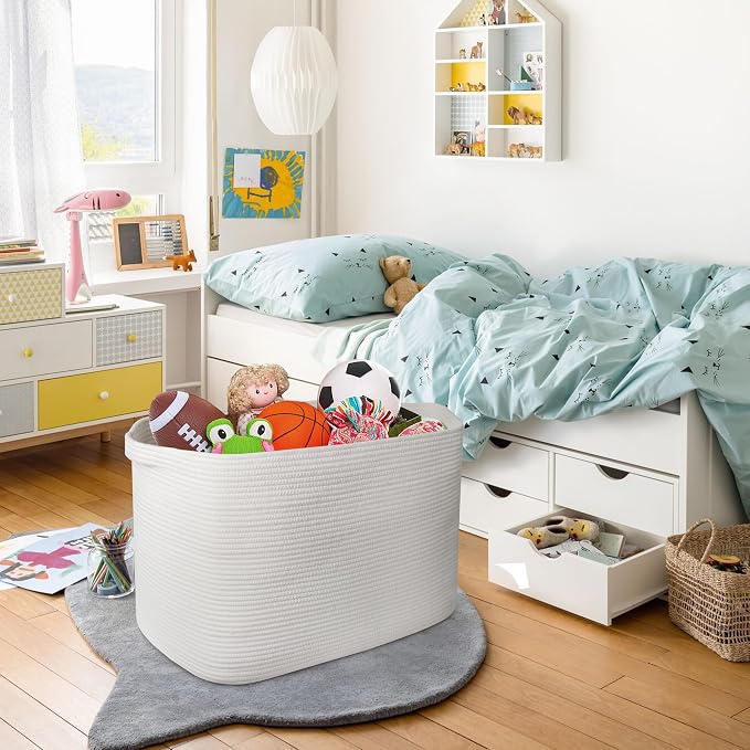 108L Extra Large Storage Basket, 25" x 16" x 16" White Blanket Basket Living Room, Oversized Cotton Rope Blanket Storage, Woven Kids Dog Toy Bin Box Organizer, Laundry Shoes Towel Bin, White