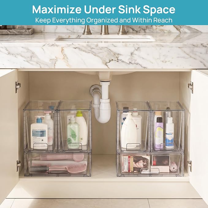 Vtopmart Clear Stackable Storage Drawers, 6 Pack Wide Tall Set | Wide and Tall Pull-Out PET Drawers with Stackable Design for Maximizing Space in Cabinets, Closets, Pantry