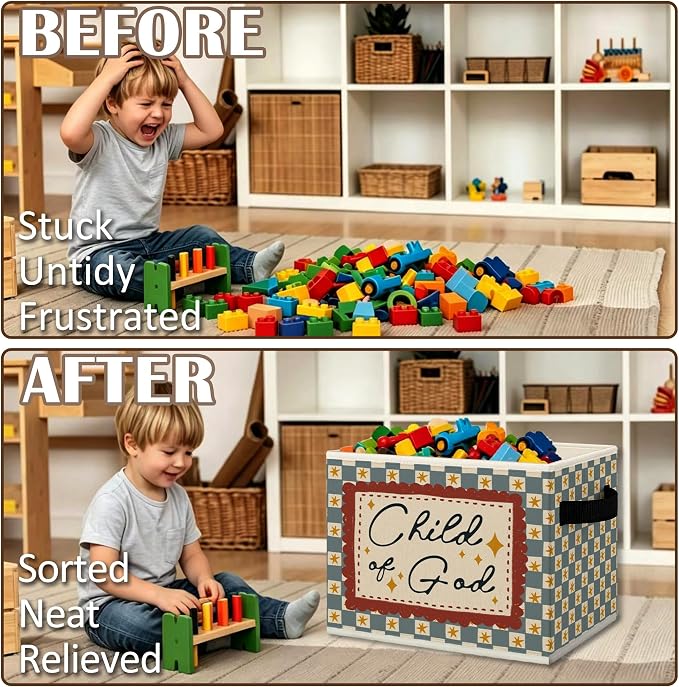 Christian Nursery Cube Storage Bins with Handles, Bible Verse Retro Checkered Collapsible Fabric Storage Basket Boxes Books Clothes Organizer for Kids Boys Girls Room Bedroom Bathroom