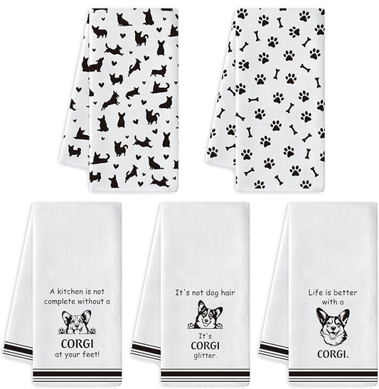 R HORSE Corgi Kitchen Dish Towel Set- 5Pcs Cute Corgi Cleaning Dishcloth Animal Dog Absorbent Bar Quick Dry Hand Towel Tea Towels for Dog Lovers Hostess Bathroom Kitchen Home Decors