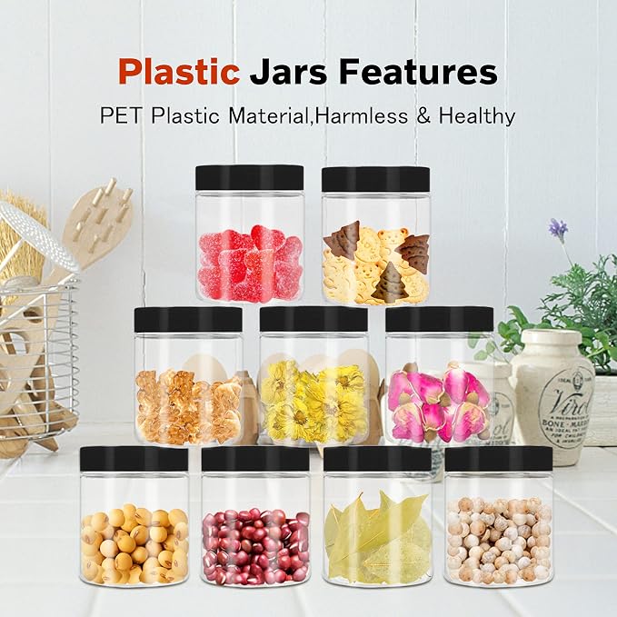 Hajoyful Plastic Jars with Lids 48 Pcs 8 oz & 3.4 oz Clear Plastic Slime Storage Jars Containers with Airtight Black Screw On Lids Cylinder Clear Round Jar Easy Clean Food Grade Durable Jar