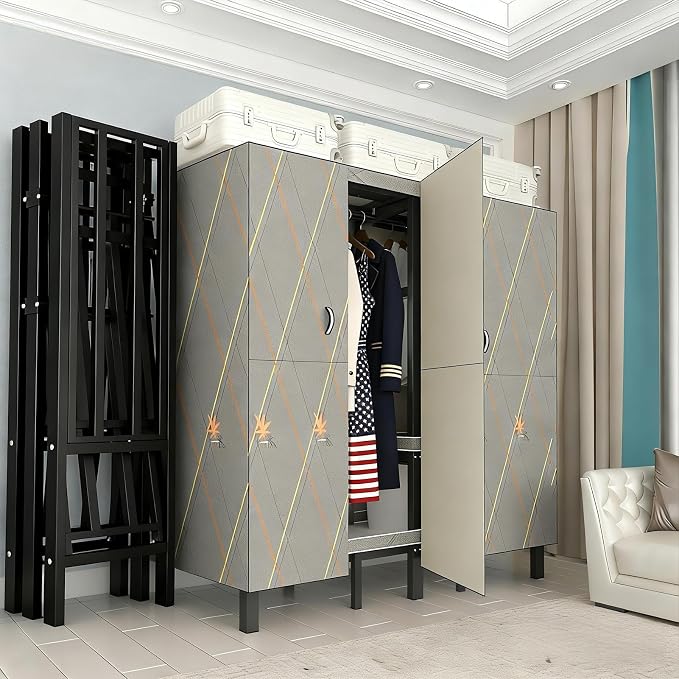 Heavy Duty Clothes Rack with Cover & Magnetic Doors, 1500lb Portable Wardrobe Closet - Foldable Freestanding Garment Rack for Bedroom, Large Storage for Hanginng Dresses Jackets (Grey, 70.8IN)