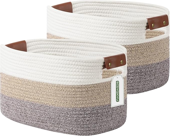 ECDYQXVU 15x10x9 Woven Cotton Rope Storage Basket, Leather Handles 2 Pack | Foldable Design, Sturdy PU Handles, Easy to Clean Organizer for Living Room, Closet, Shelves, Bedroom, Laundry, Clothes