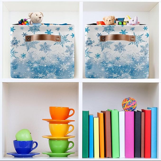 Winter Snowflake Blue Storage Basket with Waterproof Liner and PU Handles White Christmas Holiday Xmas Storage Boxes 14.2" Collapsible Decorative Organizer Baskets for Bedroom Closet Office 2 Pack