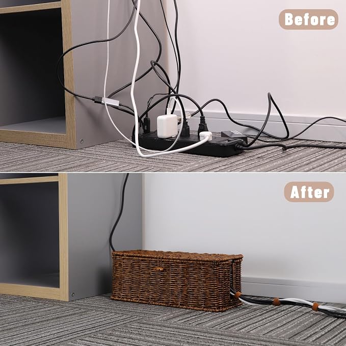 Cable Management Box, Cord Organizer with Lid & Cable Ties - Brown Large | Handmade Open Slots Cord Hider Outlet Covers for Power Strip TV PC Router Charger Under Desk Storage