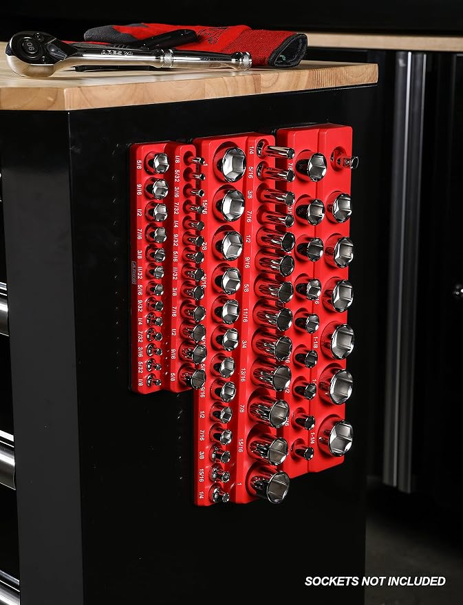 ARES 60035 3-Pc 1/4,3/8,1/2-In Red/Green SAE Magnetic Socket Organizer | Part No. 60035; RED -Includes 1/4 in, 3/8 in, 1/2 in Socket Holders