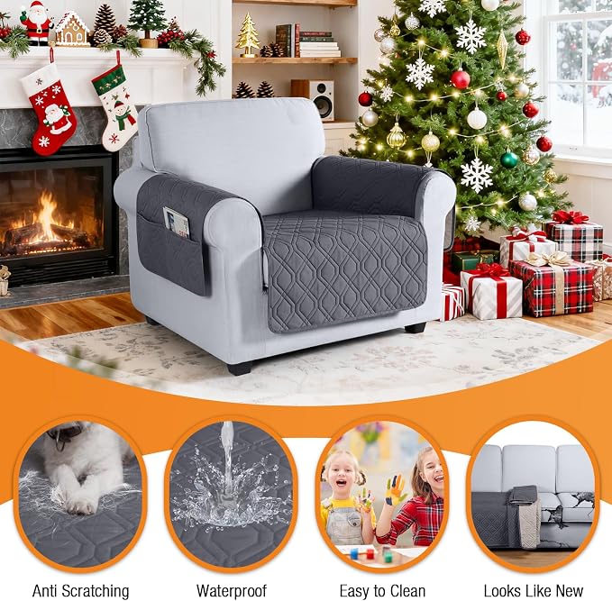 VANSOFY Waterproof Chair Seat Cover for Pets, Dark Gray, 22" | Non-Slip, Washable, Utility Pockets, Pet Friendly, Furniture Protector Slipcover for 1 Seater Couch
