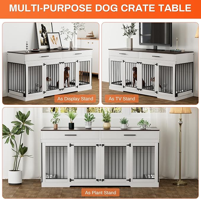 Rophefx 72" Double Dog Crate Furniture with Drawers and Divider, White | Wooden dog kennel for 2 medium dogs with 2 drawers, removable divider, 4 bowls and TV stand top