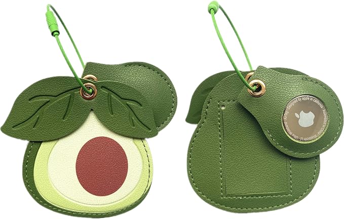 PU Leather Luggage Tag with Airtag Holder Case Set and Name ID Label | Hidden Compartment for AirTag Travel Suitcase Tracking Case with Stainless Steel Loop,Cute Fruit Plant Animals Styles,Avocado