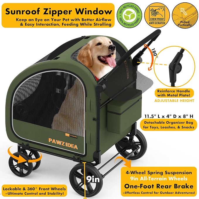 PAWZIDEA 3-in-1 Large Dog Stroller with Detachable Carrier, 45% Extra Tall | Dog Crate Car Travel for 2 Medium Dogs Sit Upright, Foldable Jogger Pet Stroller All-Terrain, Adjustable Handle, Up to 100lbs
