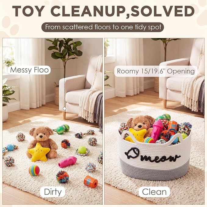 Cat Toy Basket with Cat Ear Handles, 15 x 11 x 9 in Woven Cats Toy Bin, Large Two-tone Cotton Rope Storage Box, Meow Words Organizer for Toys, Blankets, Home Decor (White, Gray)
