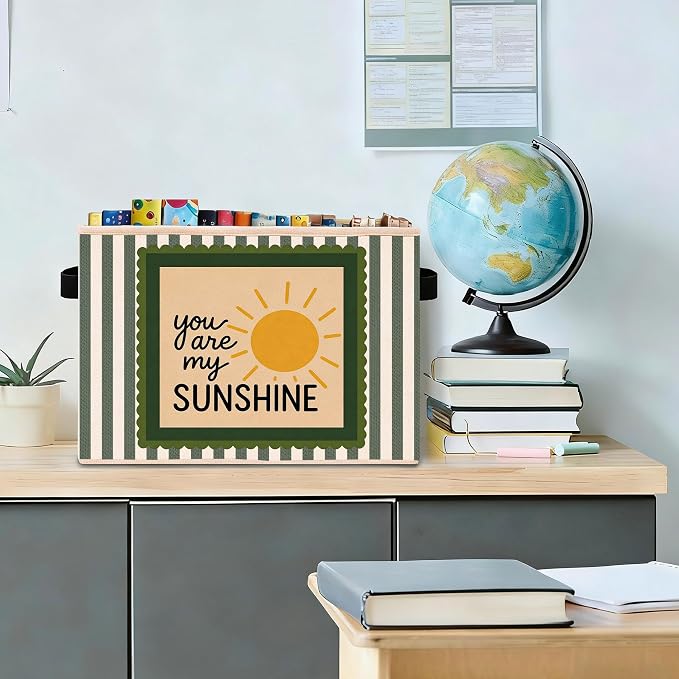 Sunshine Storage Bin, Foldable Fabric Basket for Kids Room Nursery | Foldable fabric storage bin with sunshine quote design for toys, books, clothes, nursery, bedroom, and playroom use.