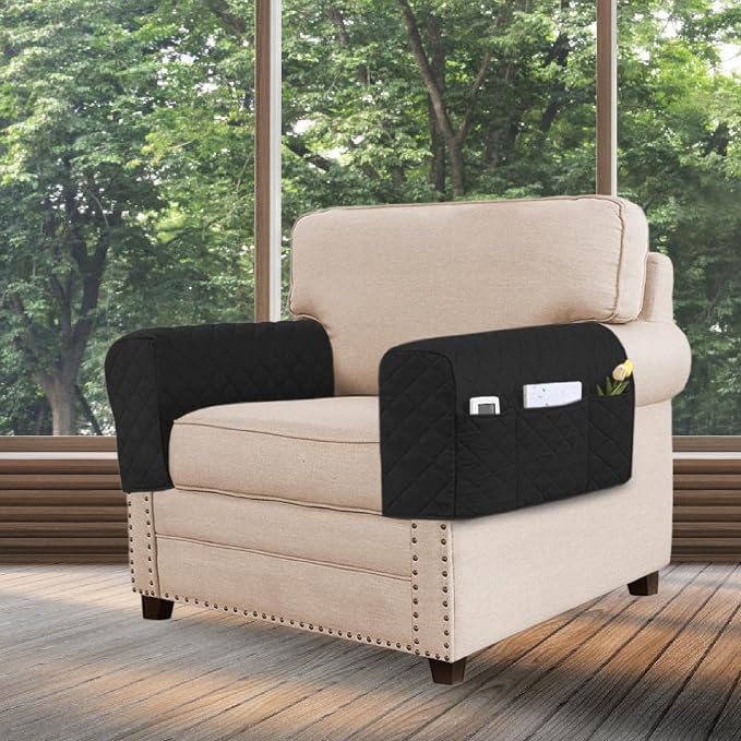 1 Pair Armrest Cover Sofa Armrest Covers with Pockets Organizer Waterproof Slipcover Couch Protector Removable Washable Non Slip Suitable for Living, Black