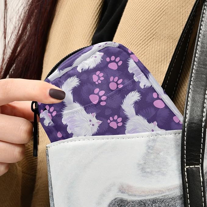 Fustylead Cute Angora Cat and Purple Paw Prints on Purple Background Travel Pill Organizer Case Zipper for Purse with Removable Weekly Pill Box for Medicine, Vitamin, Supplement Medicine Organizer