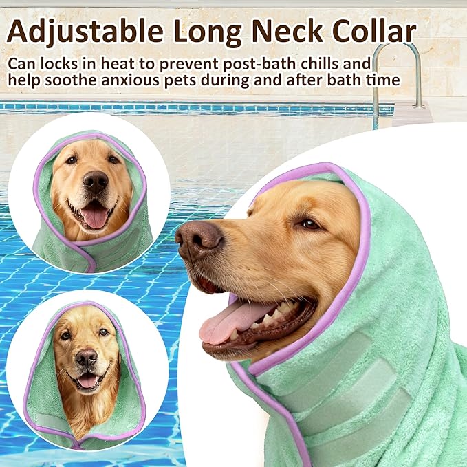 Soft Dog Bathrobe Fast Drying Dog Coat, Super Absorbent Dog Towels for After Bath, Microfiber Pet Robe Adjustable Collar & Belly Warm Keeping Dogs Coat for Pet Dogs & Cats (Green, Medium)