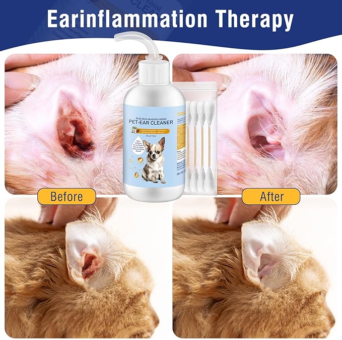 Ear Cleaner for Dogs and Cats 4 oz, Gentle and Non Irritating Dogs Ear Infection Treatment, Itch Relief Pet Ear Drops,Dog Ear Wash Removes Wax, Odor with 10 Cotton Swabs